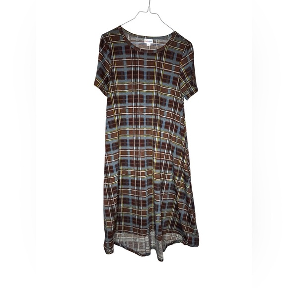 LuLaRoe Plaid Midi Dress in Brown and Blue - Picture 1 of 8